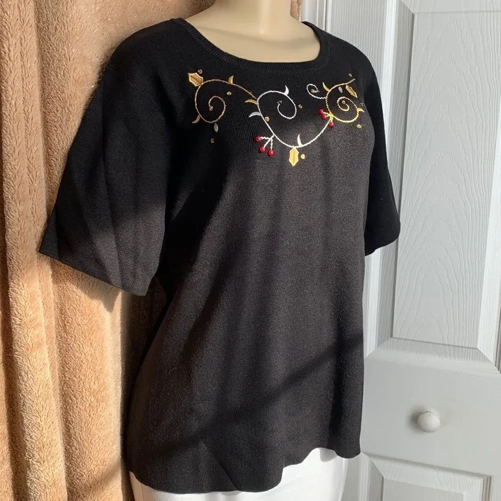 Quacker Factory Embellished Holiday Sweater Top L Black
